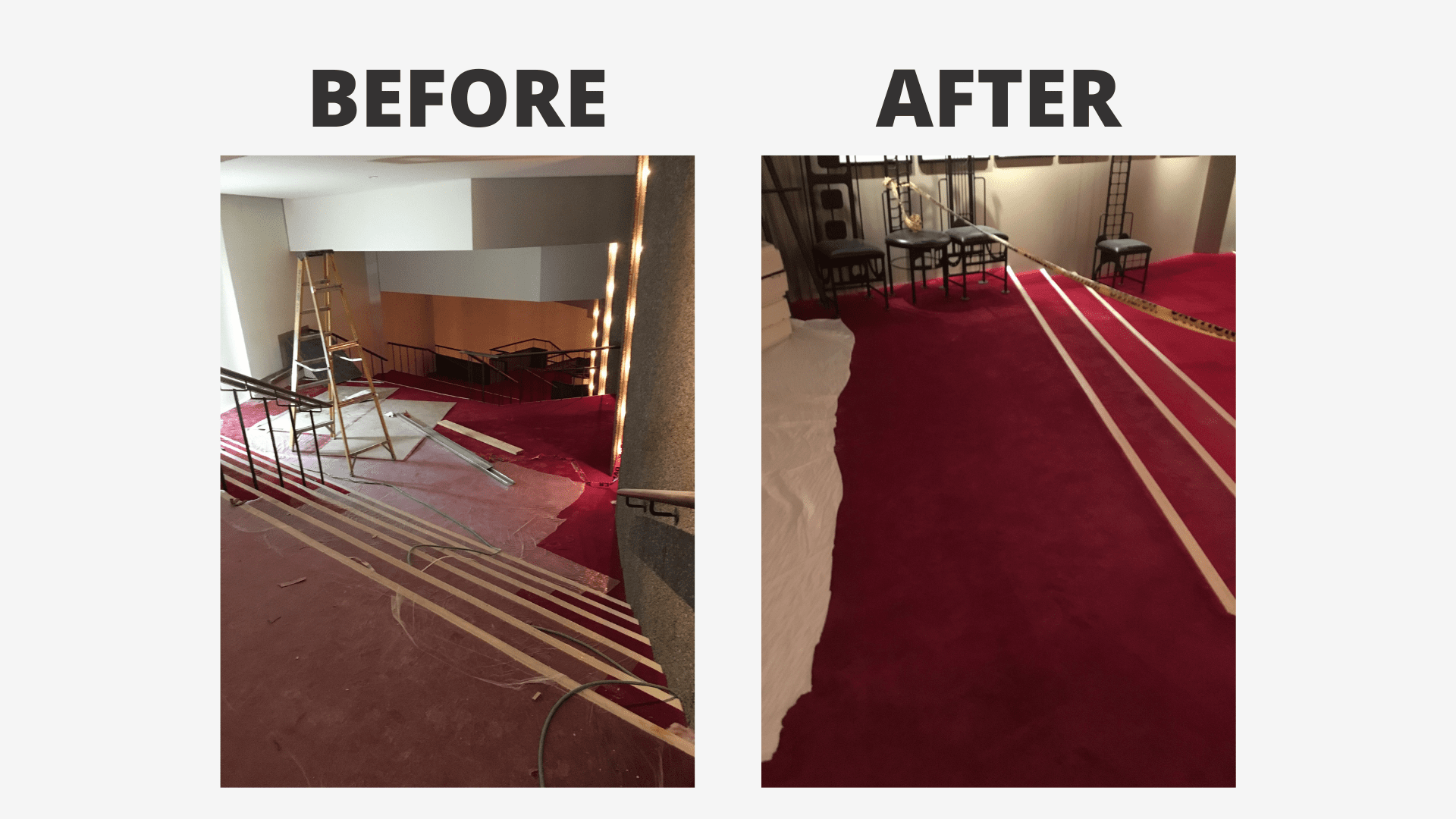 carpet repair before and after photo of a red carpet being repaired